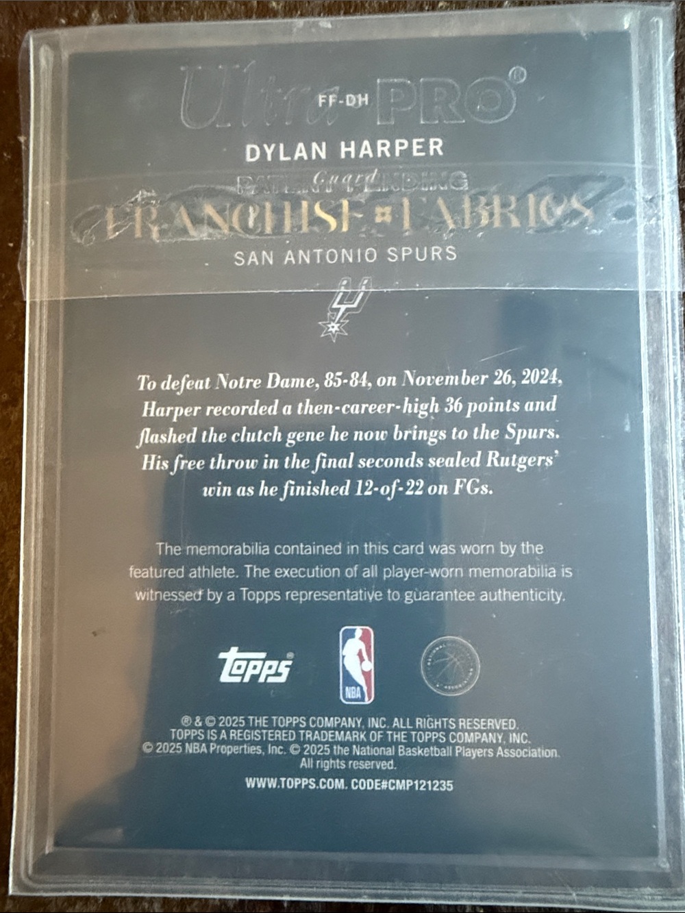 2026 Topps White and Black Spurs Dylan Harper Rookie Franchise Fabrics Card - Picture 2 of 2